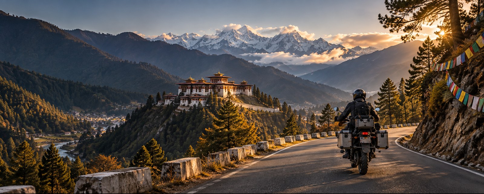 Motorcyclist approaching a Bhutanese dzong